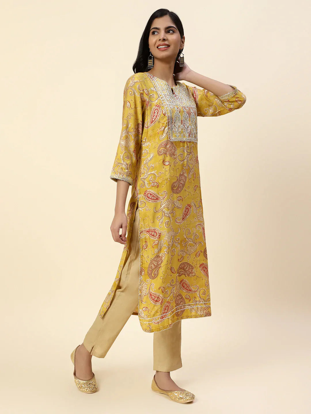 Printed With Yoke Embroidered Muslin Kurta