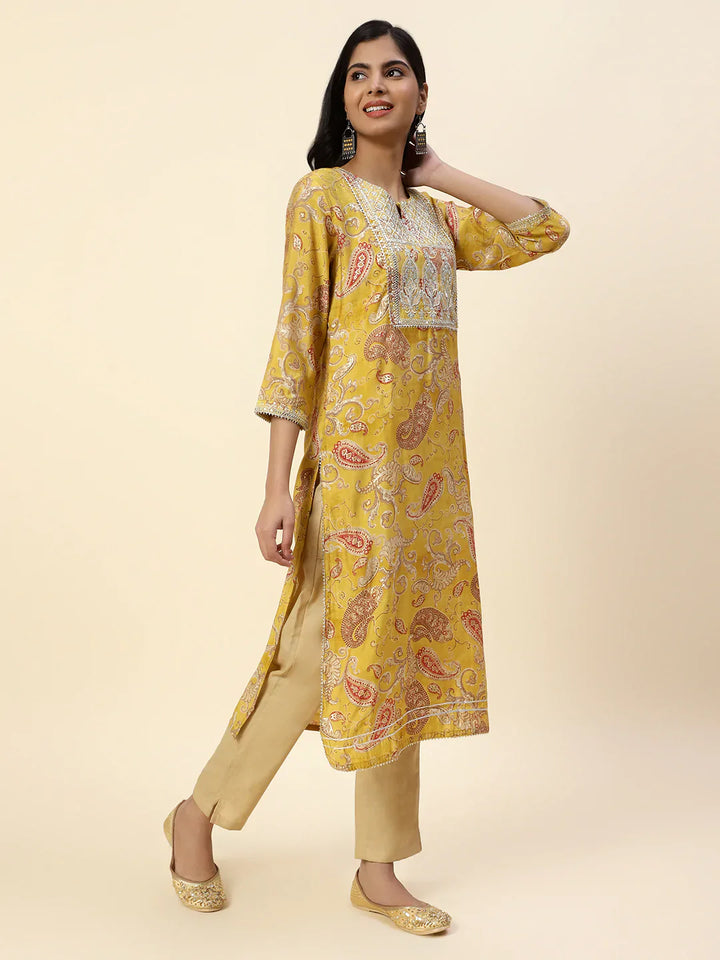 Printed With Yoke Embroidered Muslin Kurta