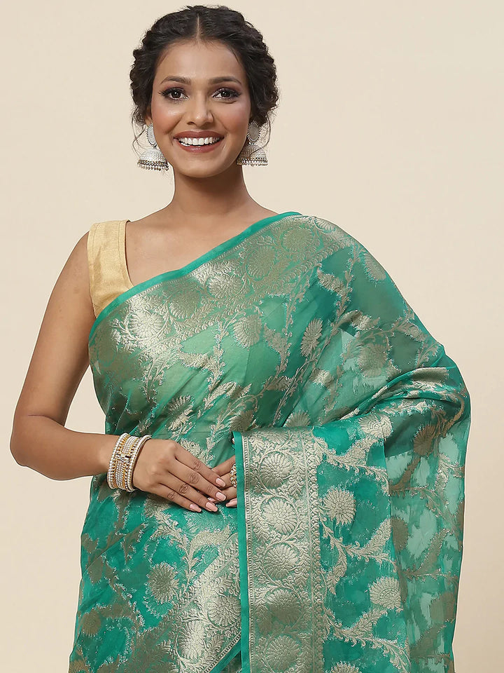 Floral Zari Jaal Organza Plain Saree