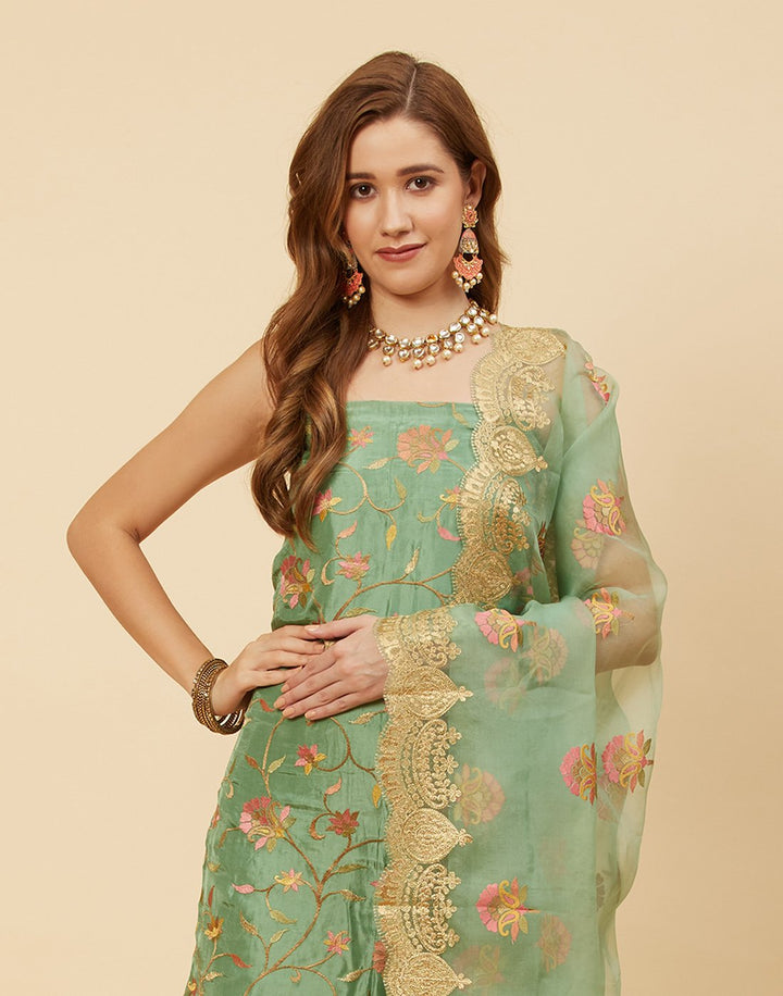 Embroidered Art Handloom Dupion Suit Piece With Organza Dupatta
