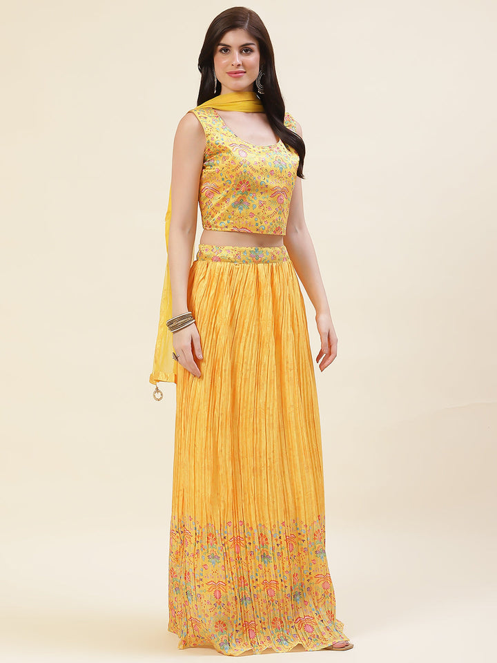 Floral Printed Crepe Choli With Lehenga &amp; Dupatta