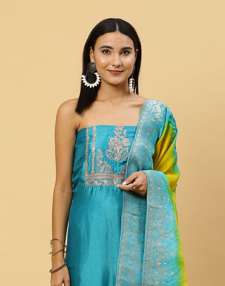 Embroidered Art Handloom Dupion Suit Piece With Banarasi Dupatta
