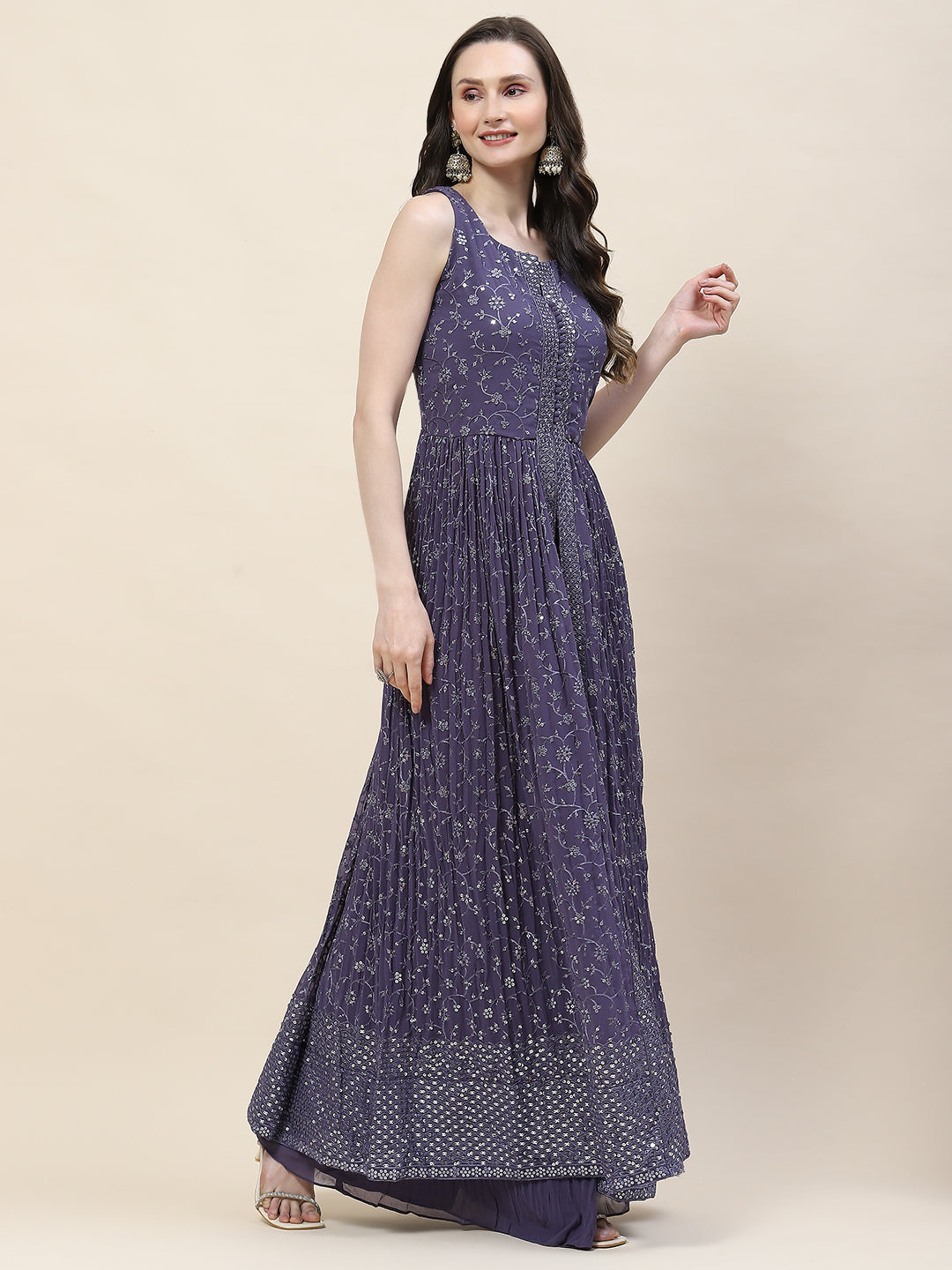 Resham Sequin Embroidery Georgette Kurta With Palazzo &amp; Dupatta