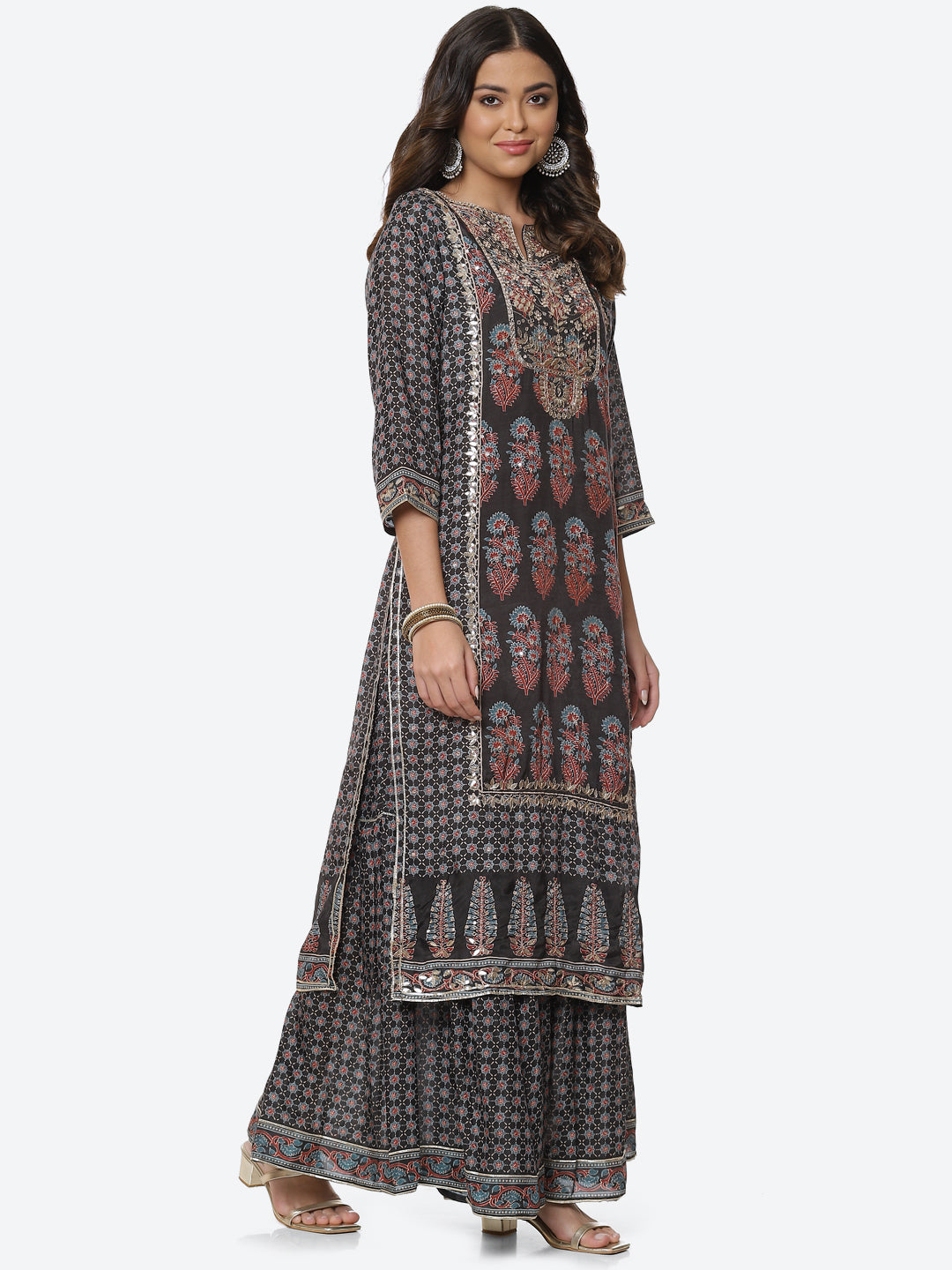 Gota Neck Printed Cotton Kurta With Garara &amp; Dupatta