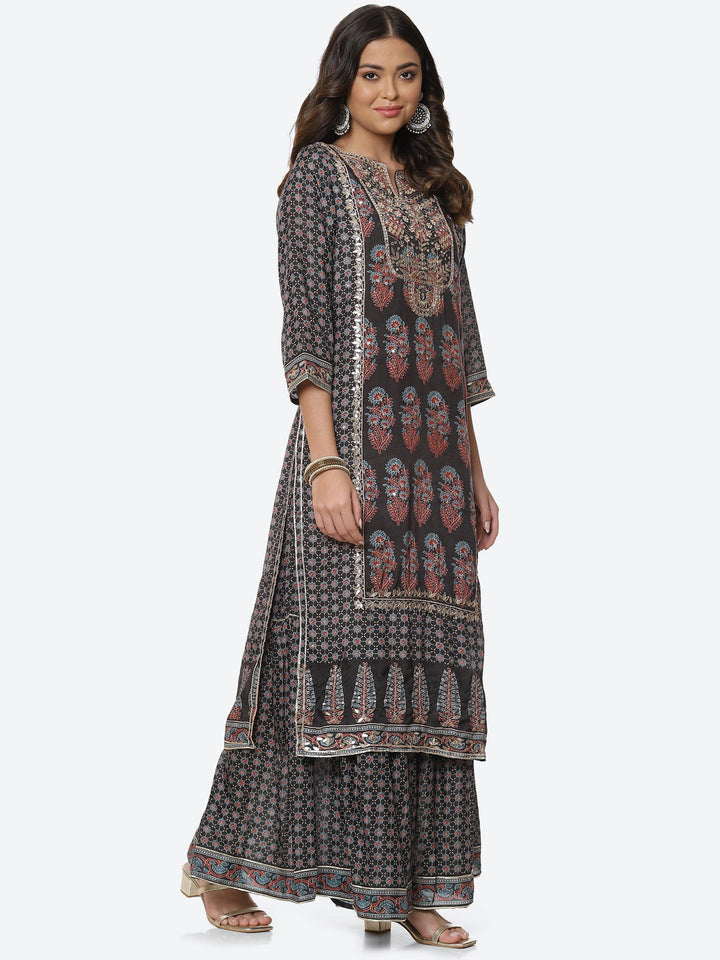 Gota Neck Printed Cotton Kurta With Garara &amp; Dupatta
