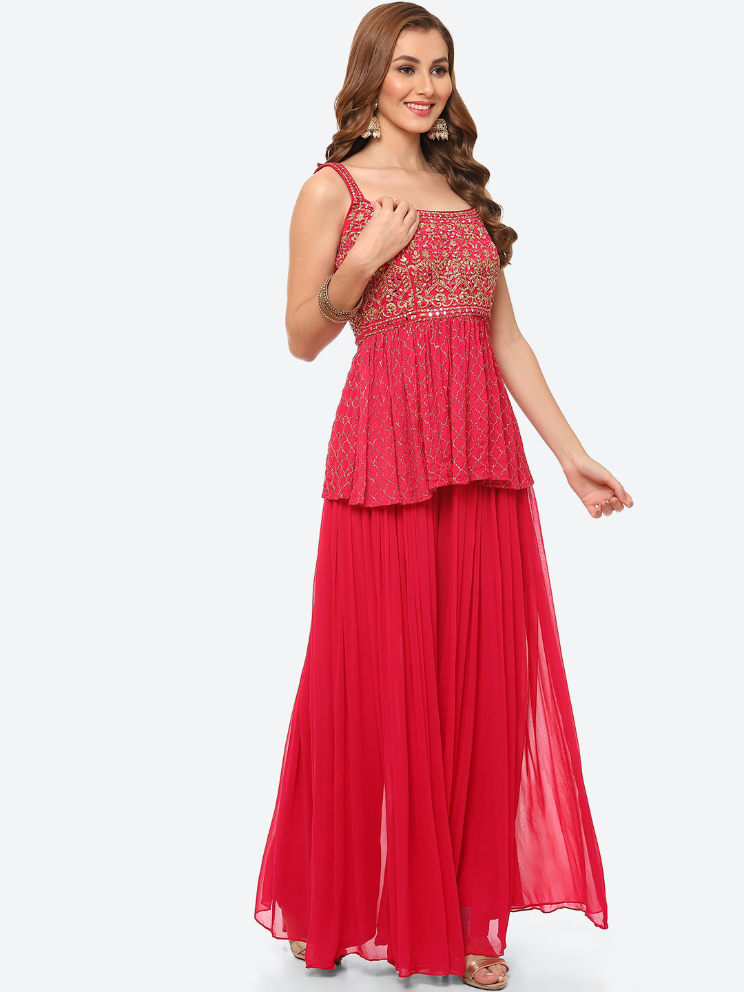 Sequin Work Georgette Peplum Kurti With Garara &amp; Net Dupatta