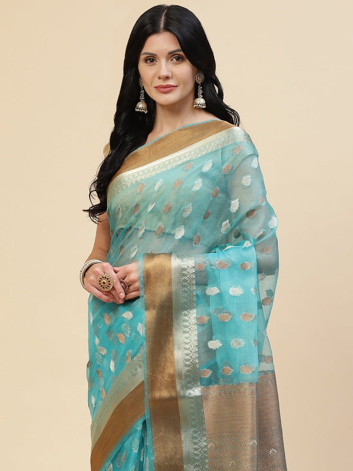 Antique Booti Organza Plain Saree