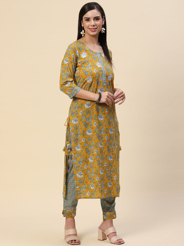 Block Printed Cotton Kurta With Pants &amp; Dupatta