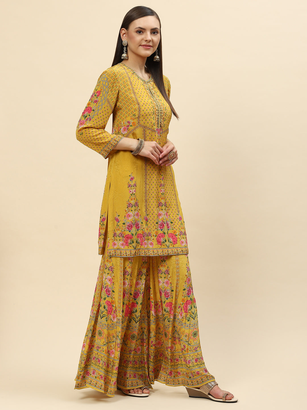 Floral Digital Printed Crepe Kurta With Sharara &amp; Net Dupatta