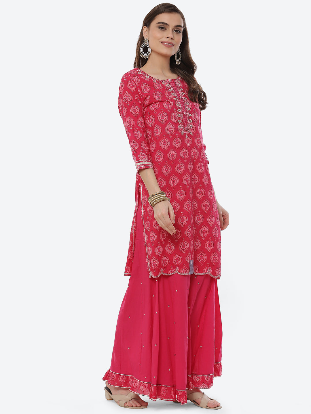 Printed Cotton Kurta With Garara &amp; Chiffon Dupatta