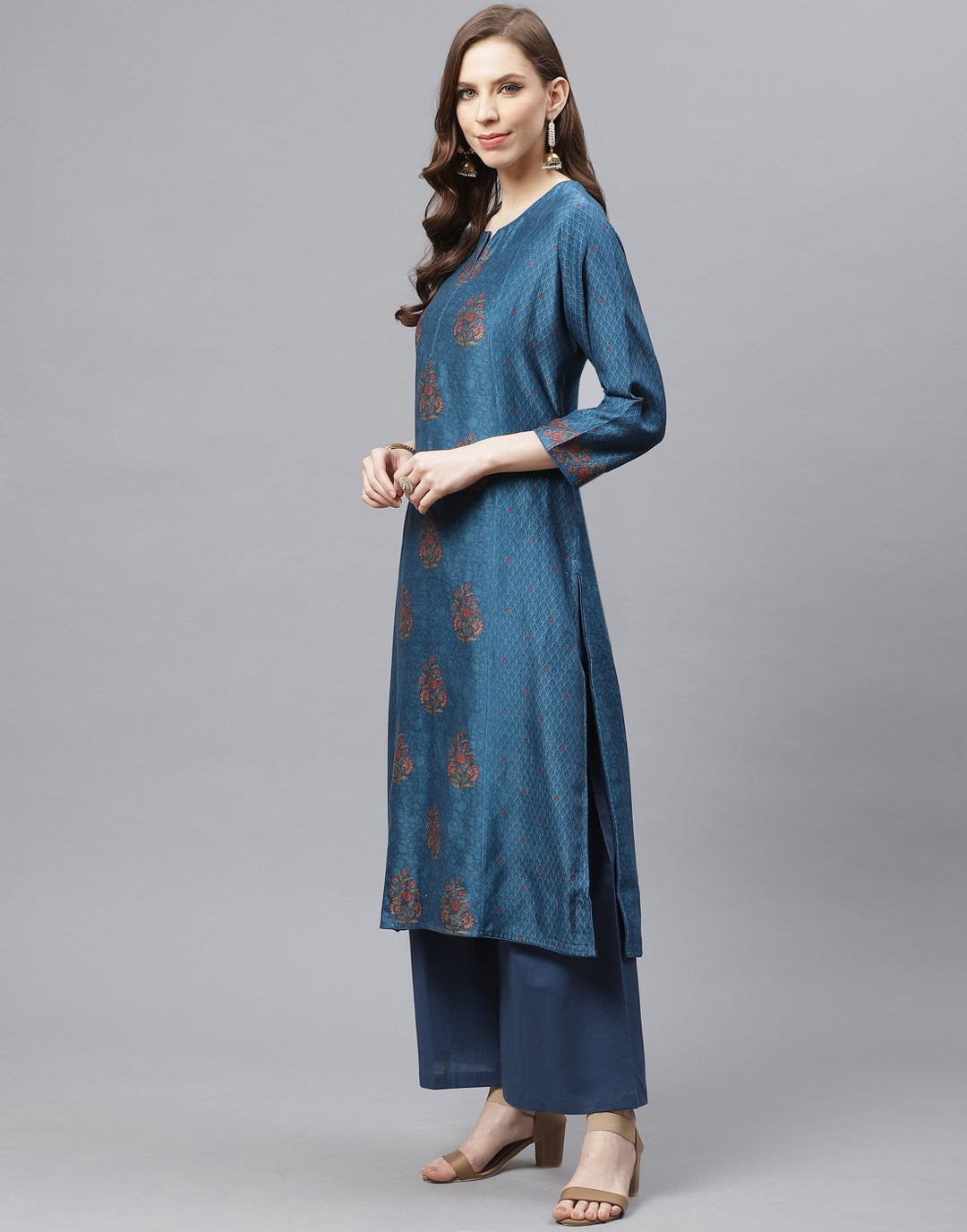 Blue Straight Cotton Chanderi Kurta with Plazzo Set