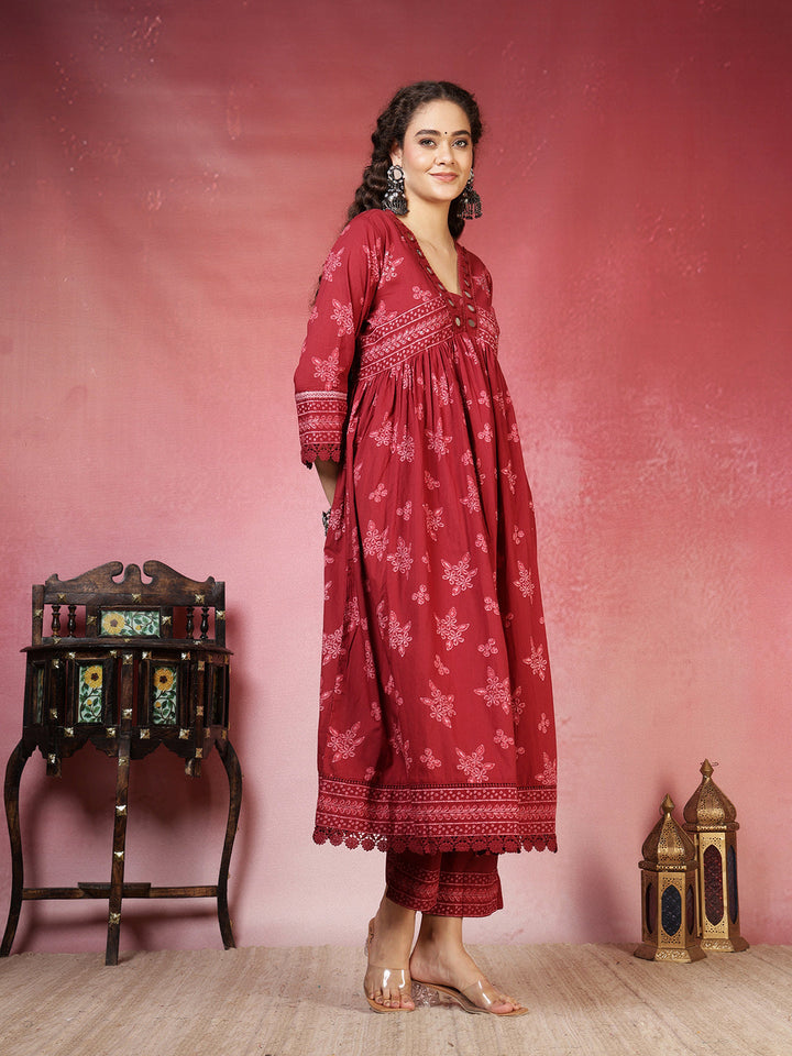 Maroon Cotton Blend Printed Anarkali Suit Set