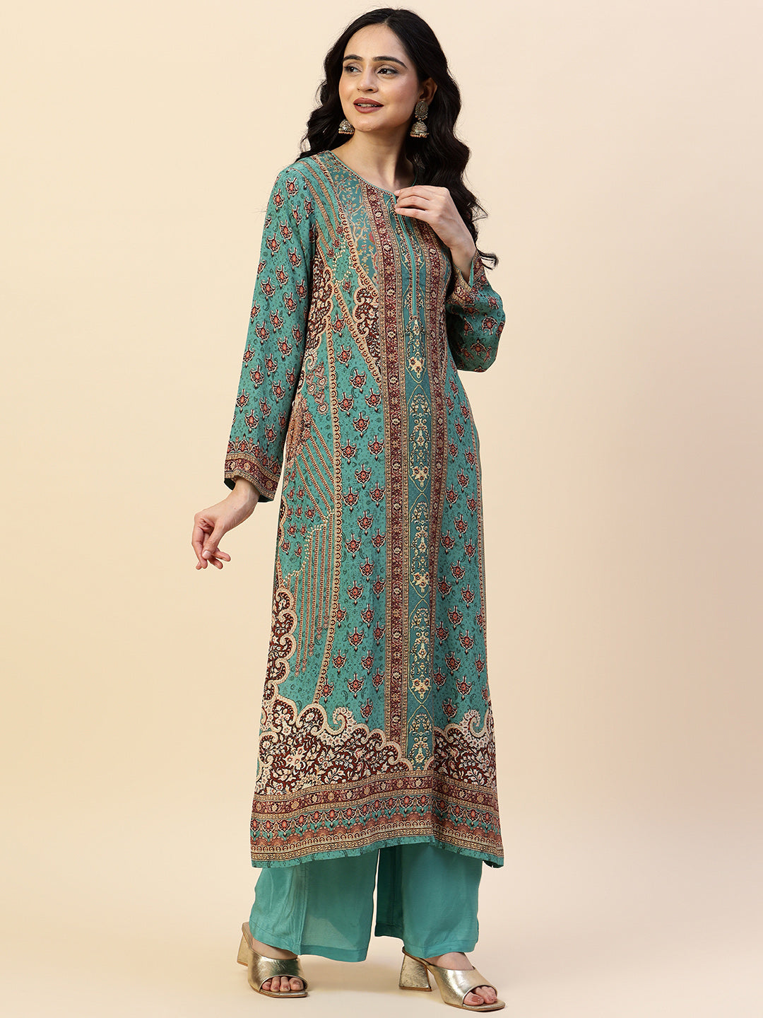Digital Printed Crepe Kurta With Palazzo &amp; Dupatta