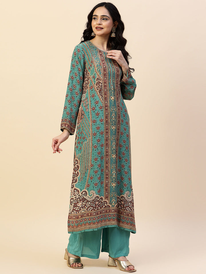 Digital Printed Crepe Kurta With Palazzo &amp; Dupatta