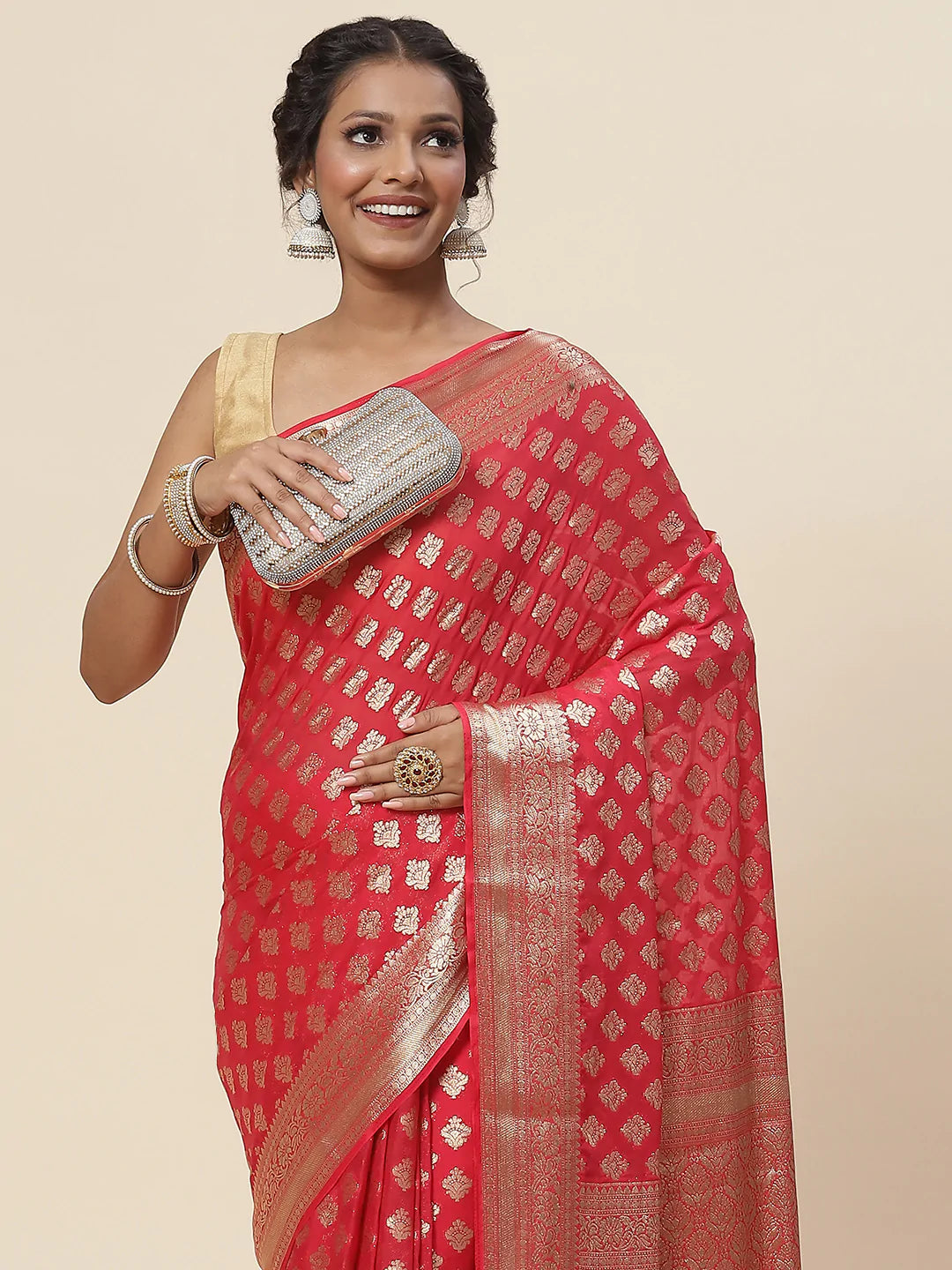 Zari Booti Chiffon Plain Saree