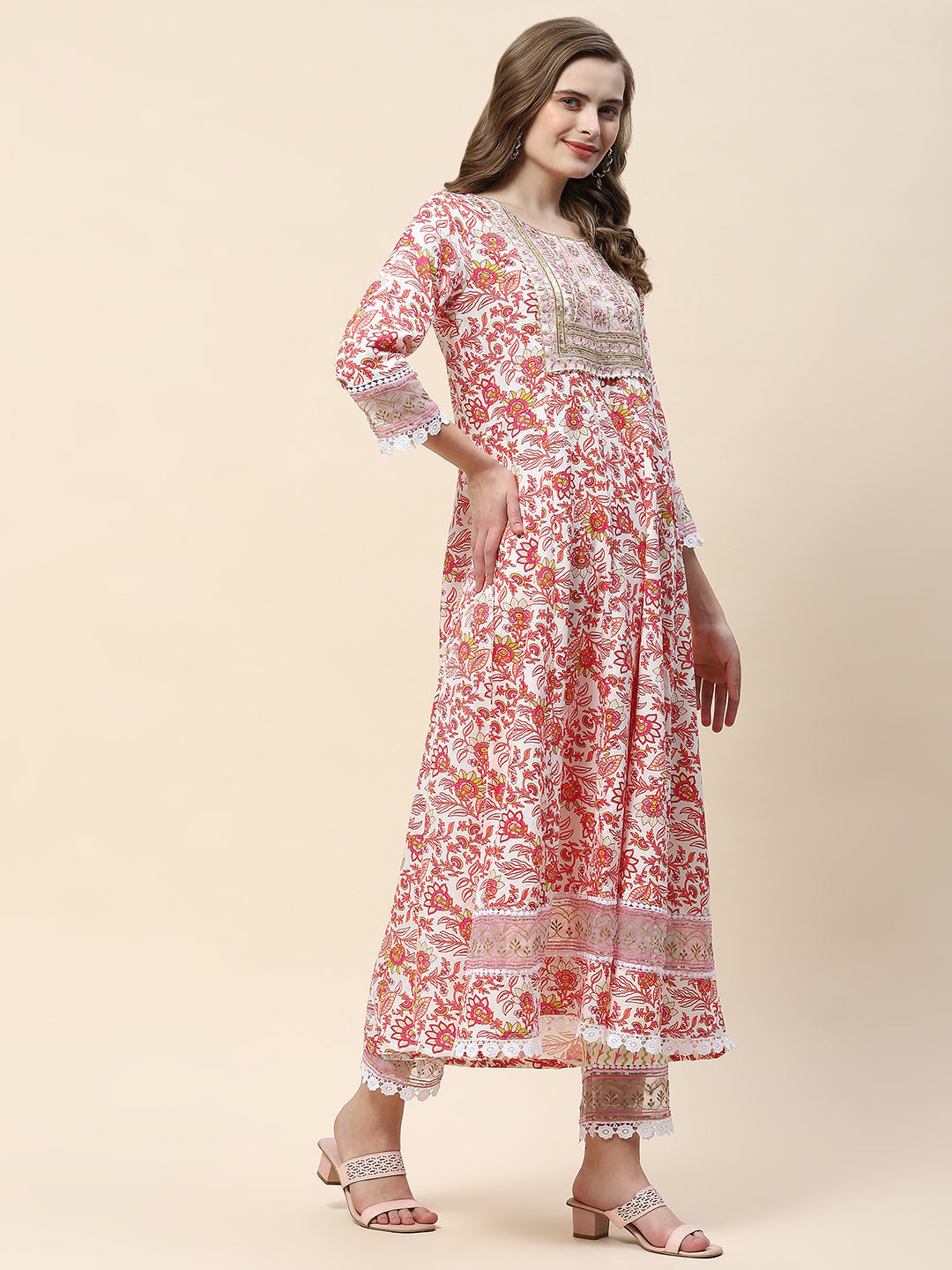 Floral Print Cotton Suit Set With Dupatta