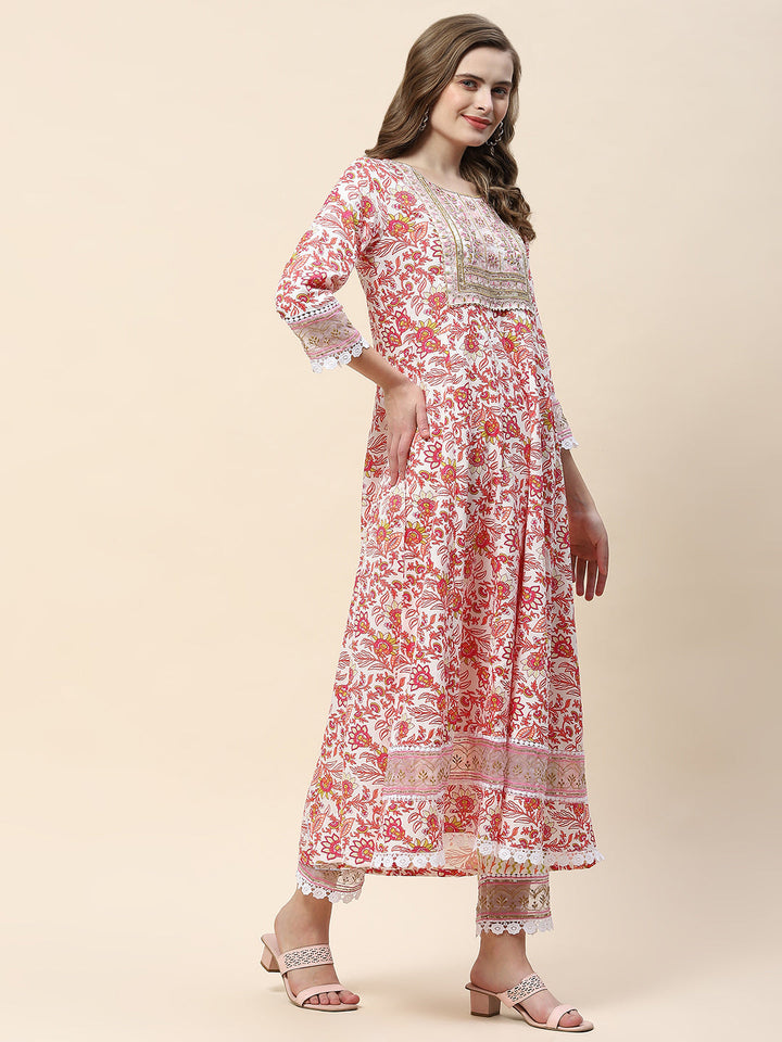 Floral Print Cotton Suit Set With Dupatta