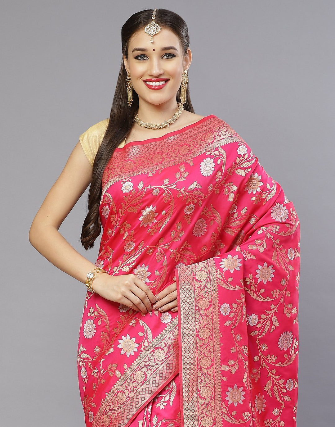 Banarsi Silk Saree with Silver and  Golden Zari Booties