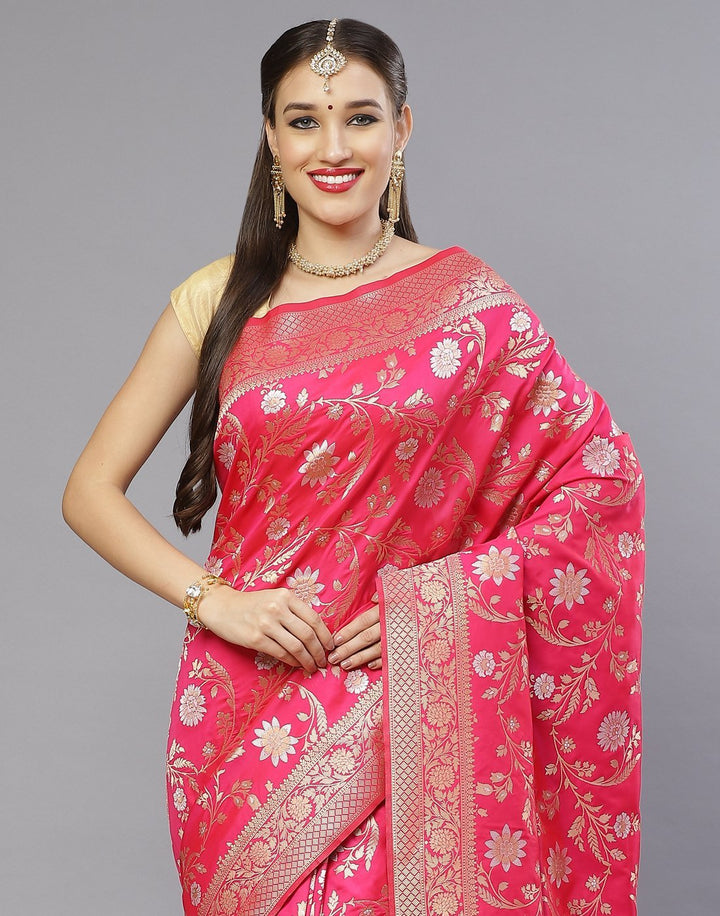 Banarsi Silk Saree with Silver and  Golden Zari Booties