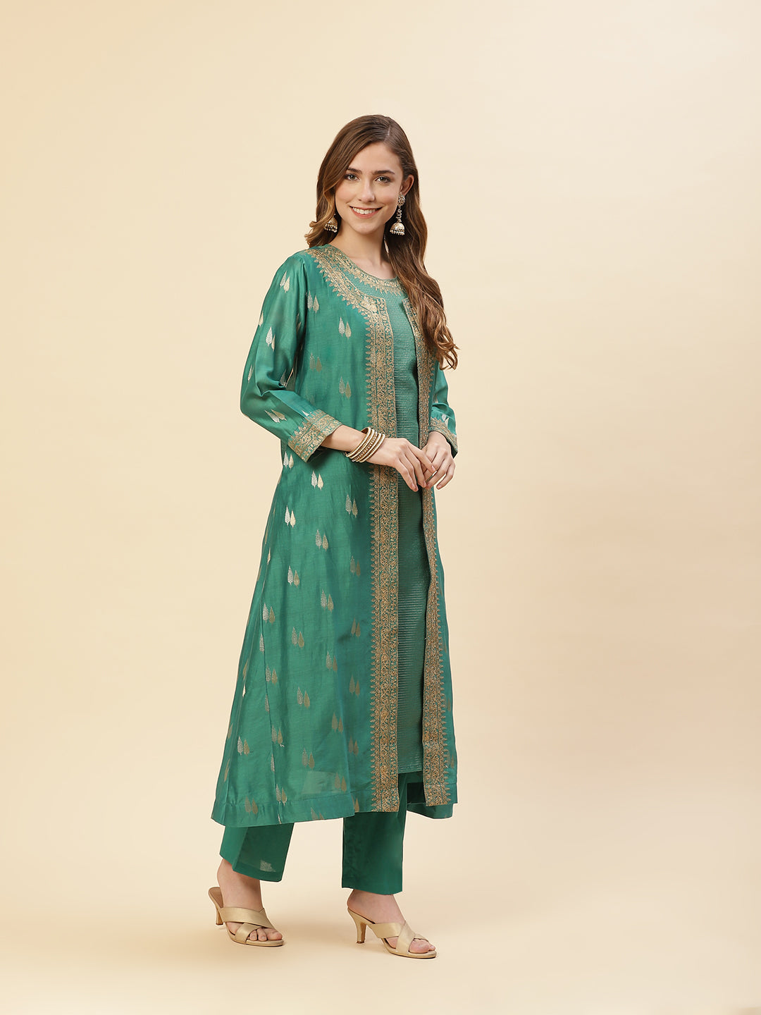 Embroidered Chanderi Kurti With Jacket And Pant