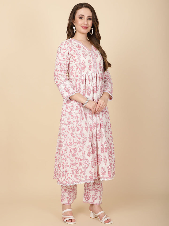 Floral Block Printed Cotton Kurta With Pants &amp; Dupatta