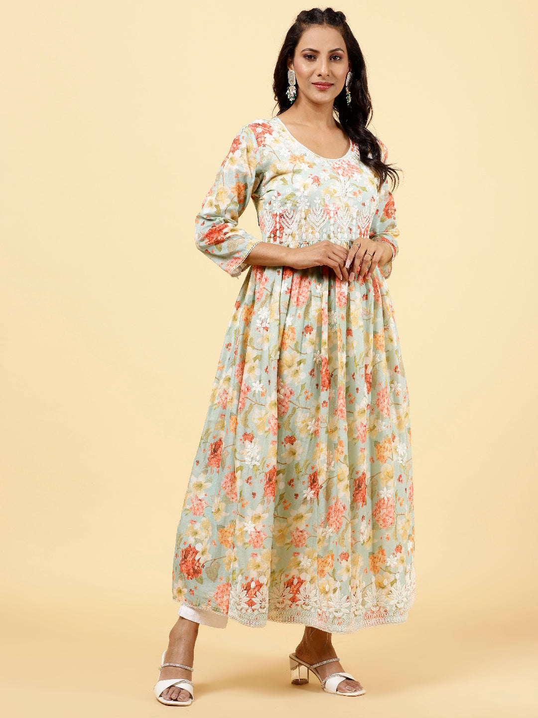 Floral Printed &amp; Neck Embroidered Cotton Kurta
