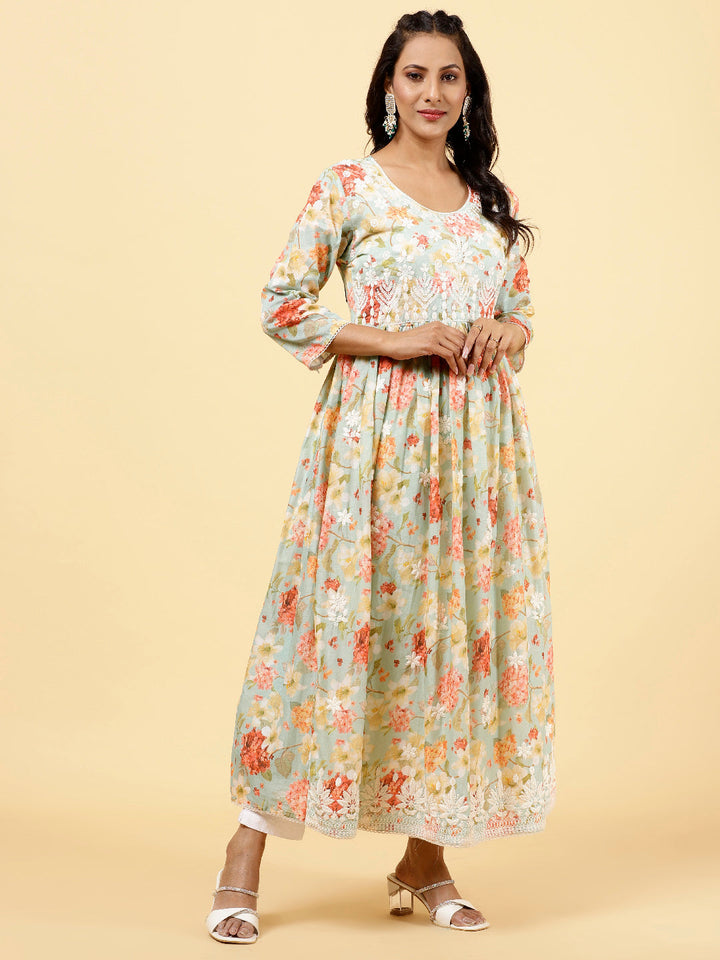 Floral Printed &amp; Neck Embroidered Cotton Kurta