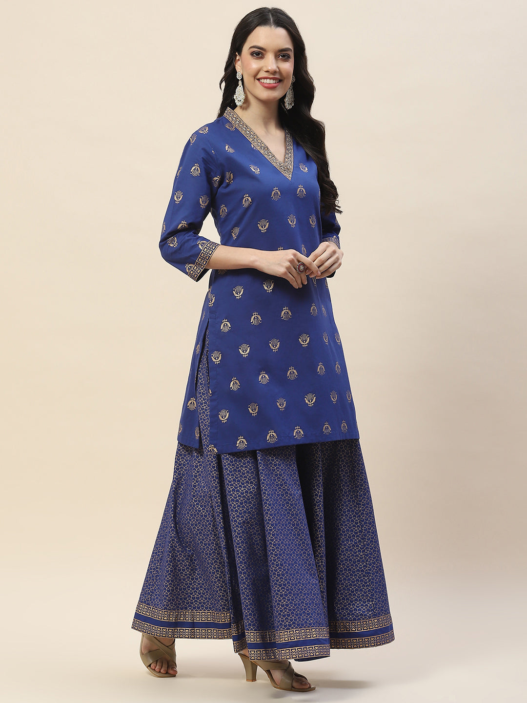 Printed Neck Patti Cotton Kurta With Skirt