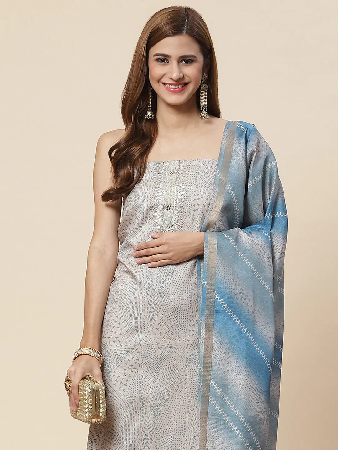 Neck Embroidered Art Tussar Unstitched Suit Piece With Dupatta