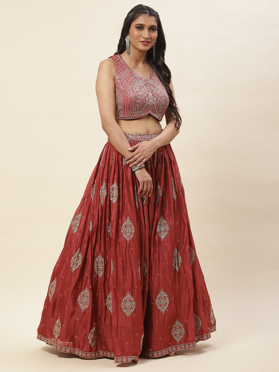 All Over Embroidered Crepe Choli With Lehenga &amp; Dupatta