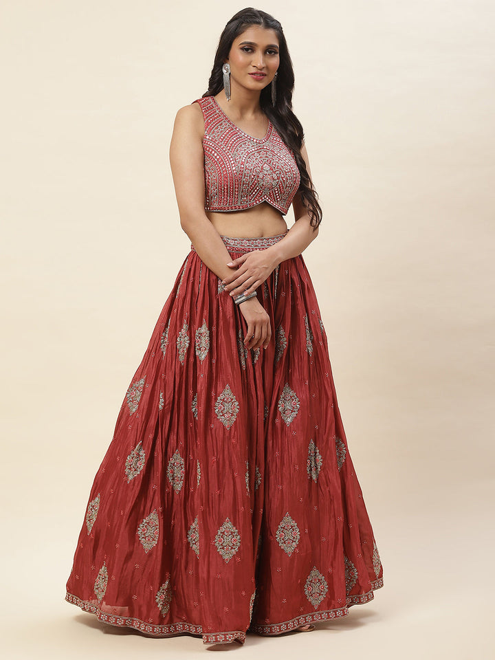 All Over Embroidered Crepe Choli With Lehenga &amp; Dupatta