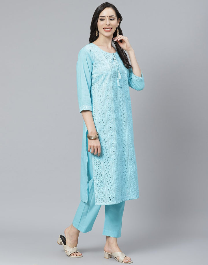 Cotton Embroidered Kurti with Straight Pant