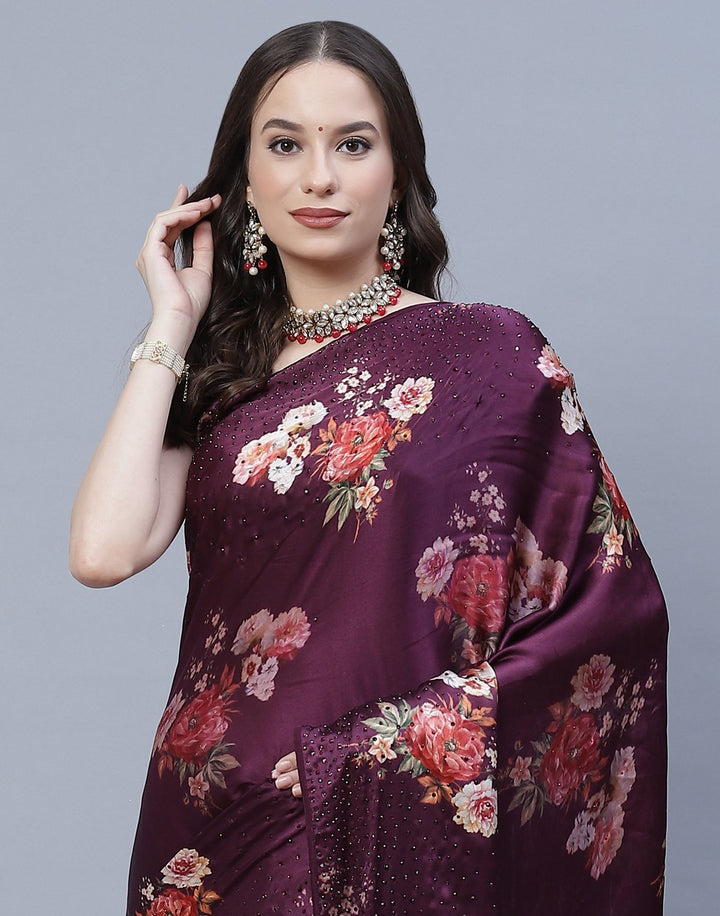 Digital Floral Printed Crepe Saree with Stone Work