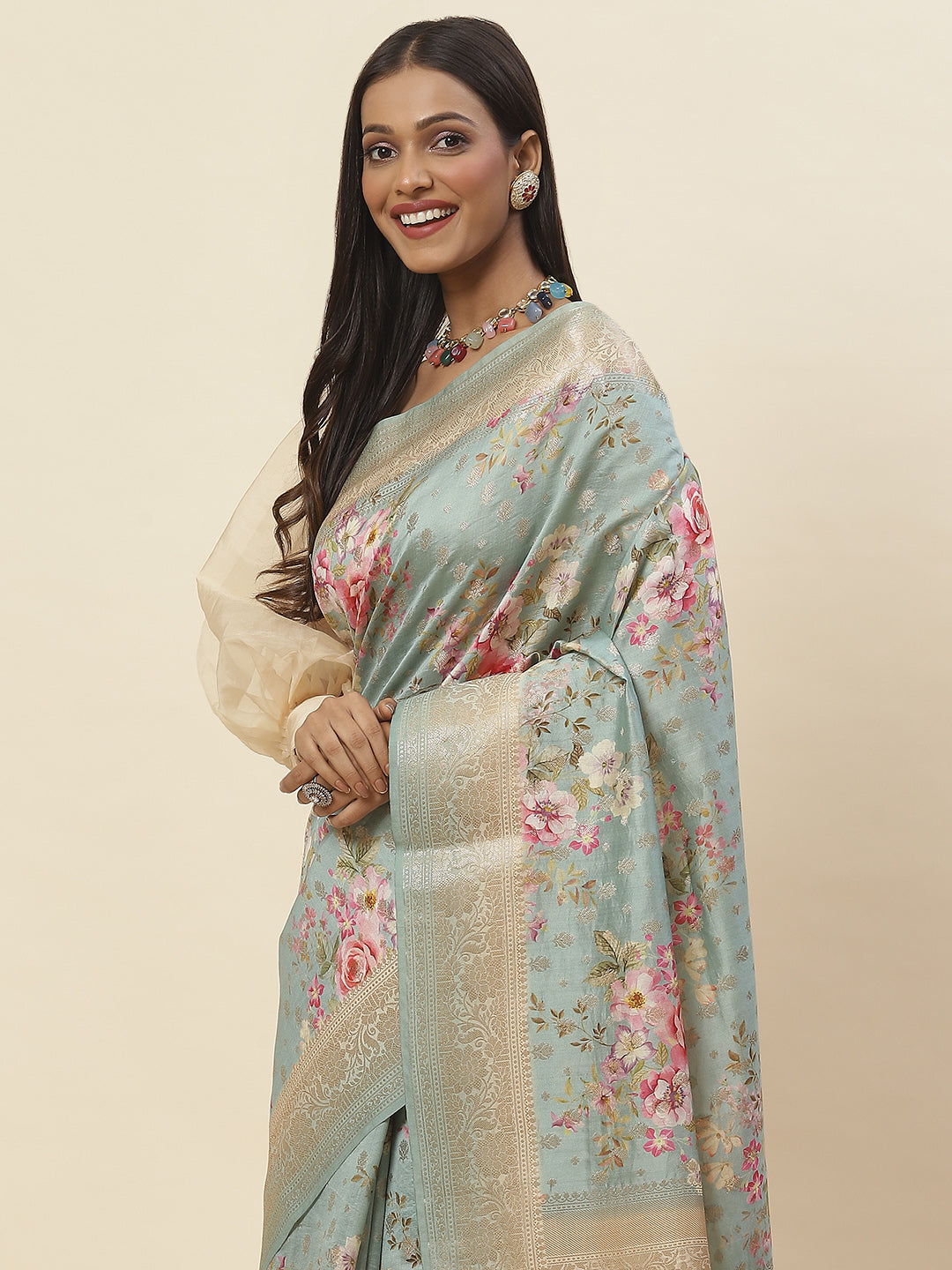 Digitally Floral Printed Tussar Saree