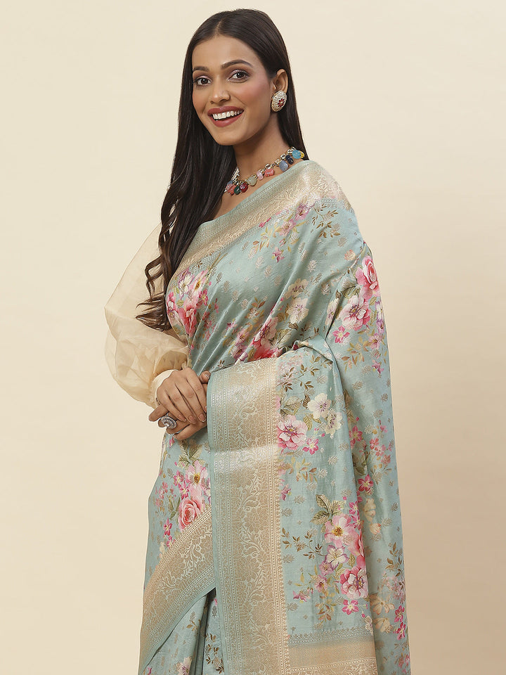 Digitally Floral Printed Tussar Saree