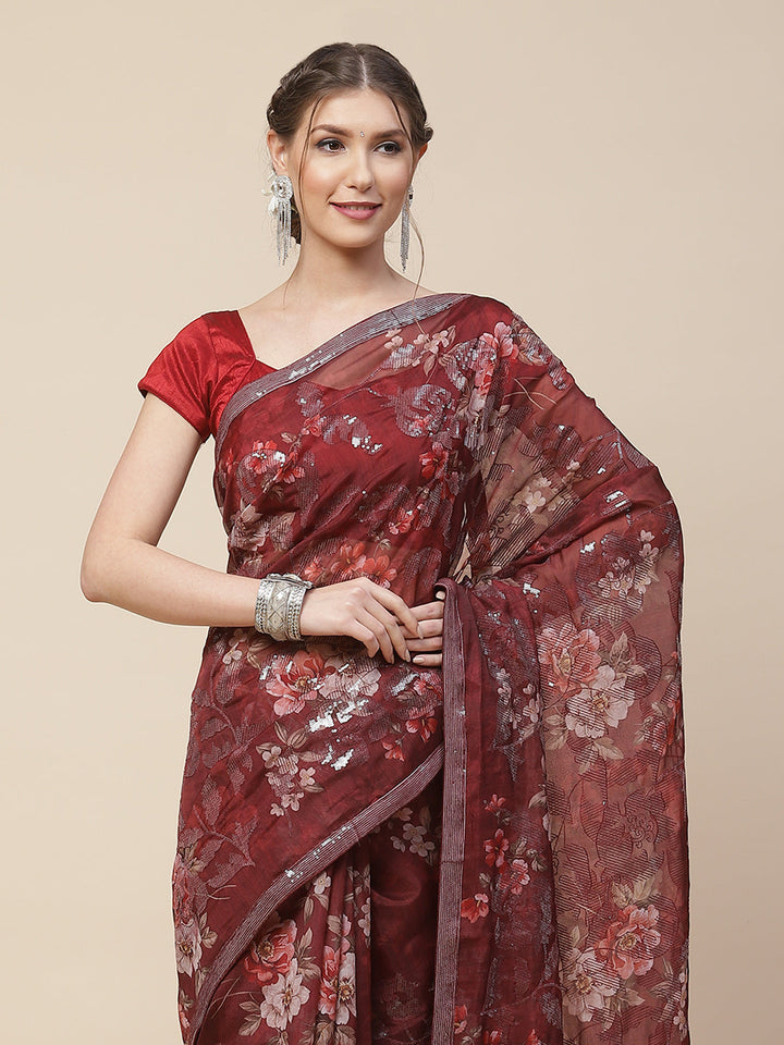 Floral Digital Printed Sequence Organza Saree