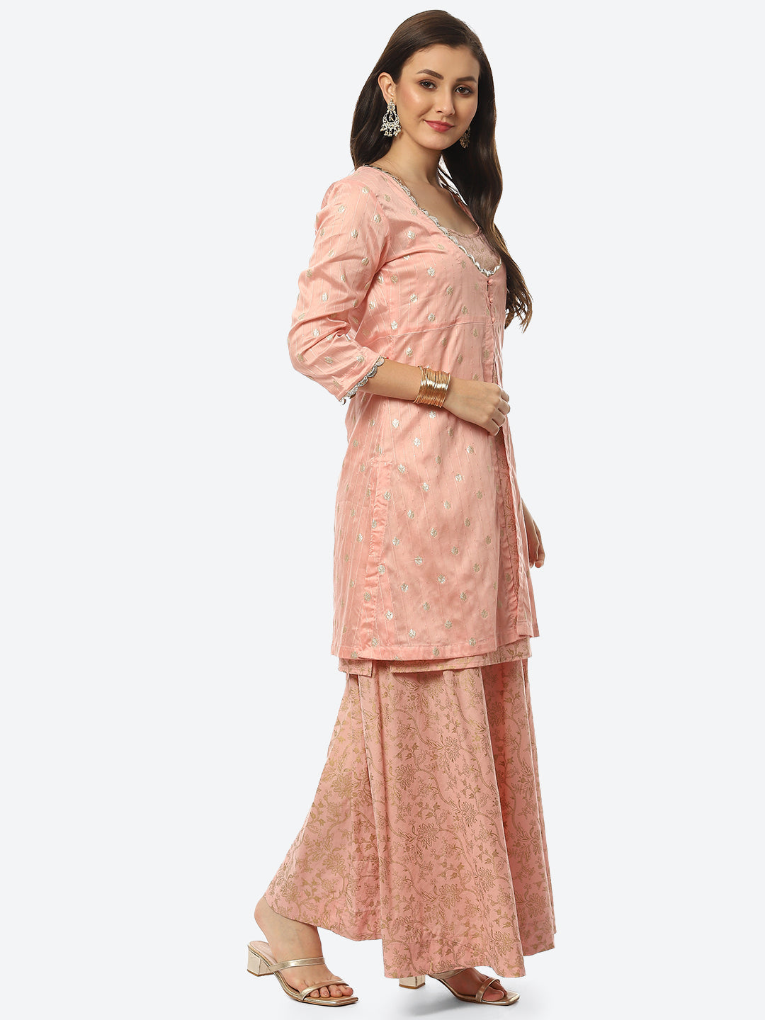 Printed Chanderi Kurta With Skirt &amp; Jacket
