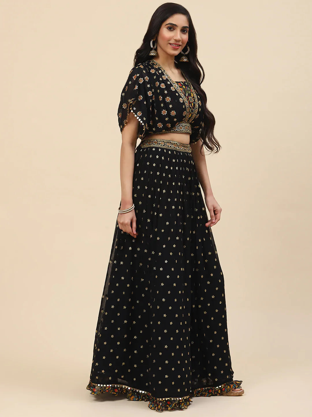 Sequin Embroidered Georgette Choli With Lehenga &amp; Dupatta