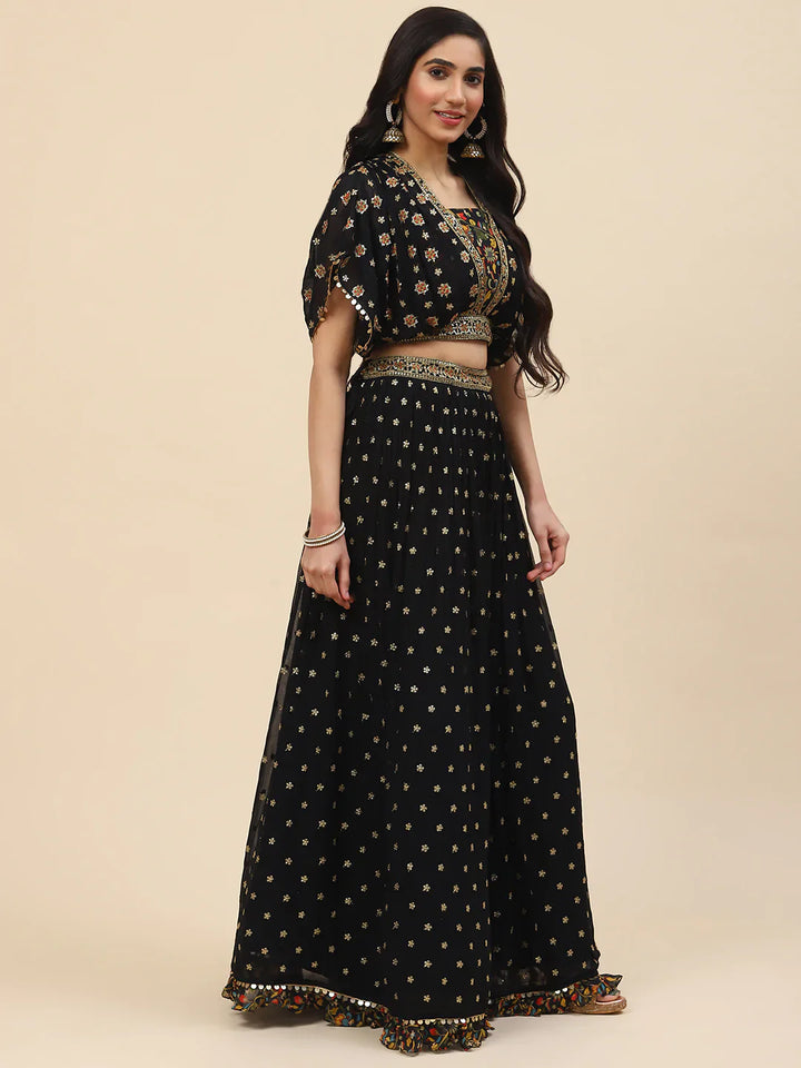 Sequin Embroidered Georgette Choli With Lehenga &amp; Dupatta