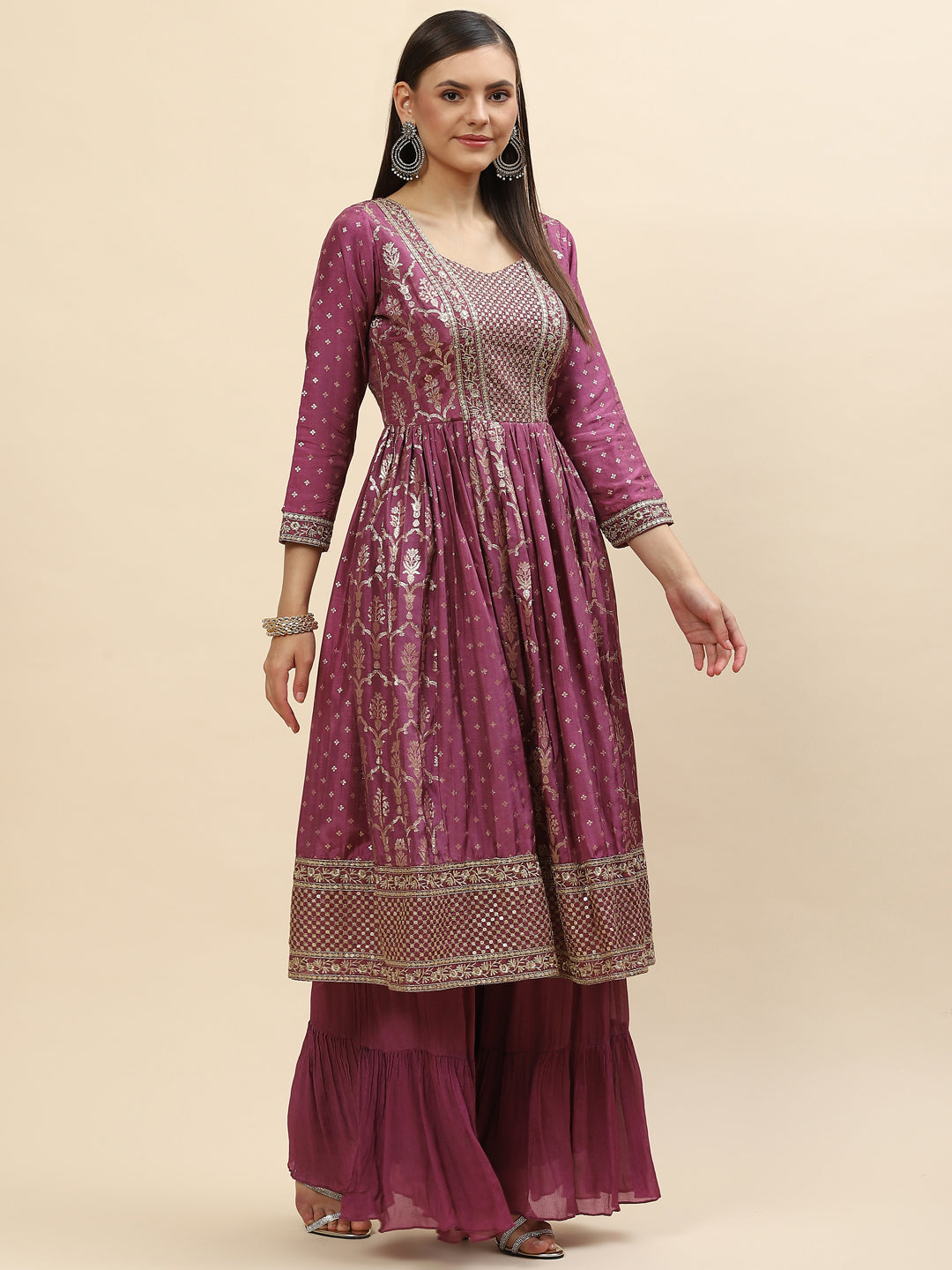 Banarasi Embroidered Chanderi Kurta With Sharara &amp; Net Dupatta