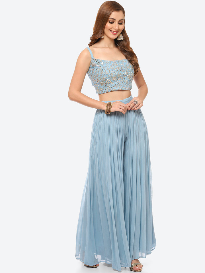 Zari Embroidered Booti Georgette Crop Top With Sharara &amp; Jacket