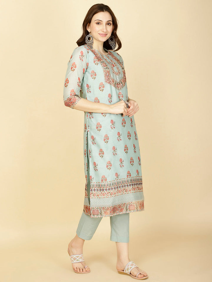Floral Printed Chanderi Kurta With Pants &amp; Dupatta