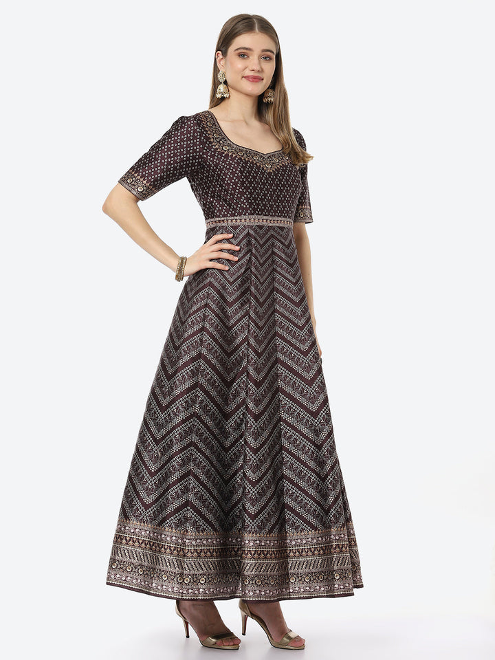 Digital Printed Anarkali Kurta With Churidar &amp; Net Dupatta