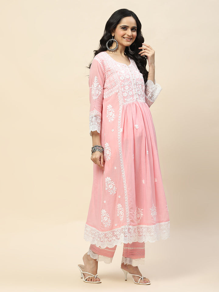 Neck Embroidery Cotton Anarkali With Pants &amp; Dupatta