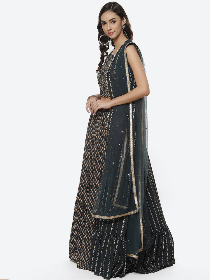 Paisley Printed Crepe Jacket With Lehenga Choli And Net Dupatta