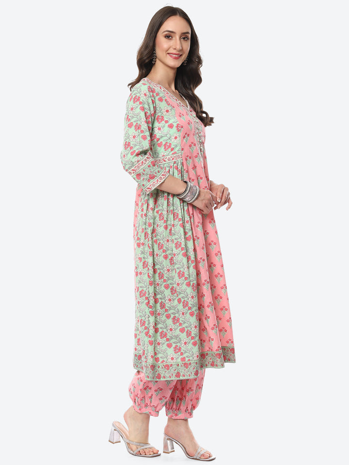 Floral Printed Cotton Kurta With Afgani Pant
