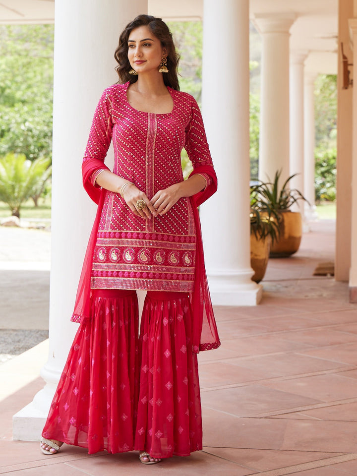 Sequin Georgette Kurti With Sharara &amp; Net Dupatta