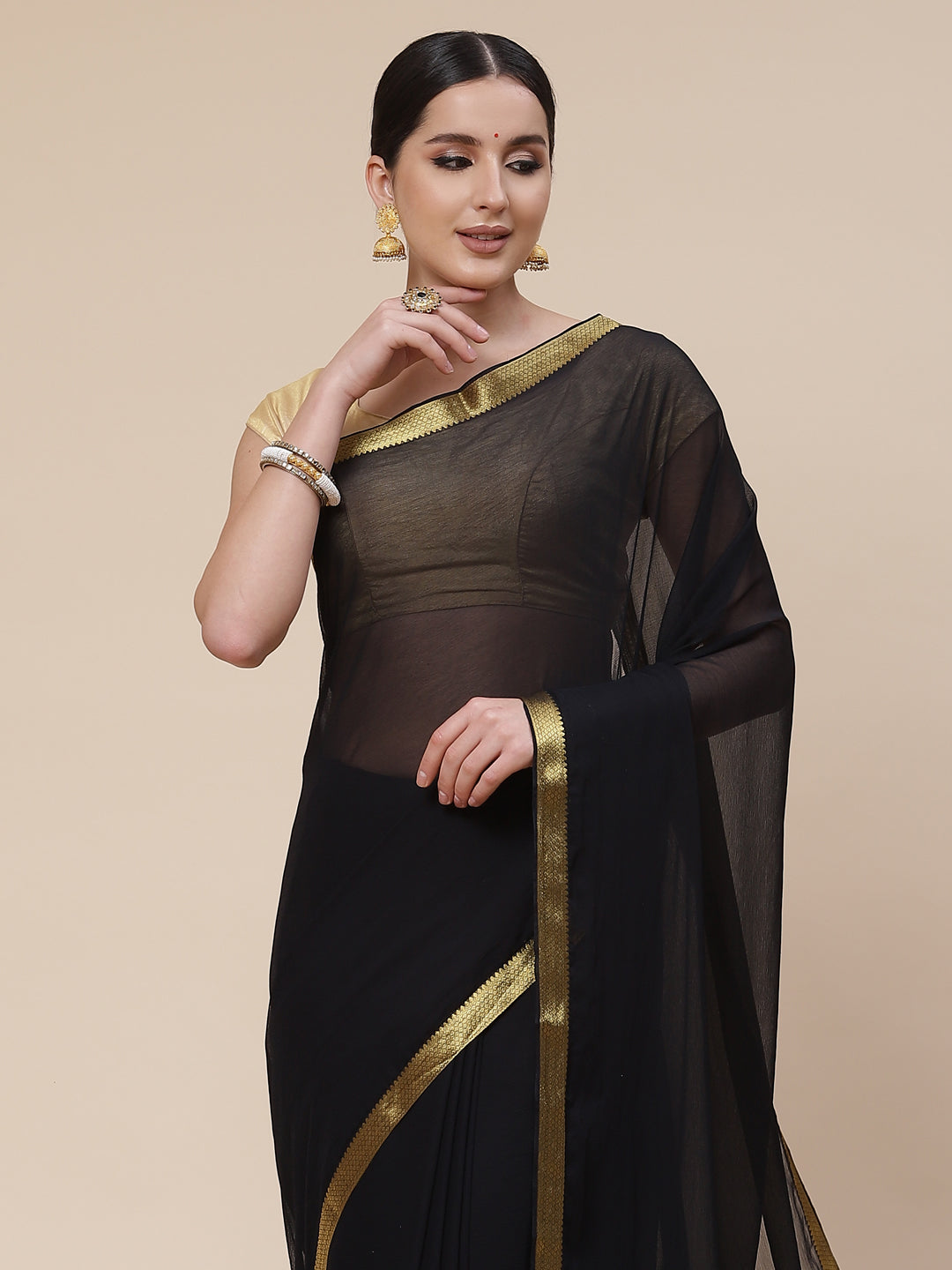Piped Border Chiffon Plain Saree