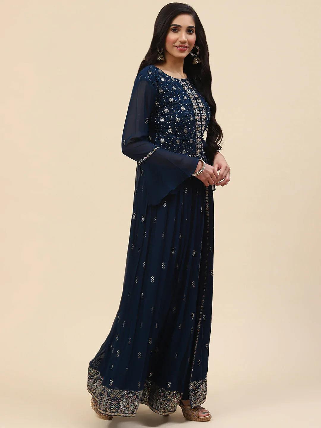 Sequin Embroidered Georgette Kurta With Palazzo &amp; Dupatta