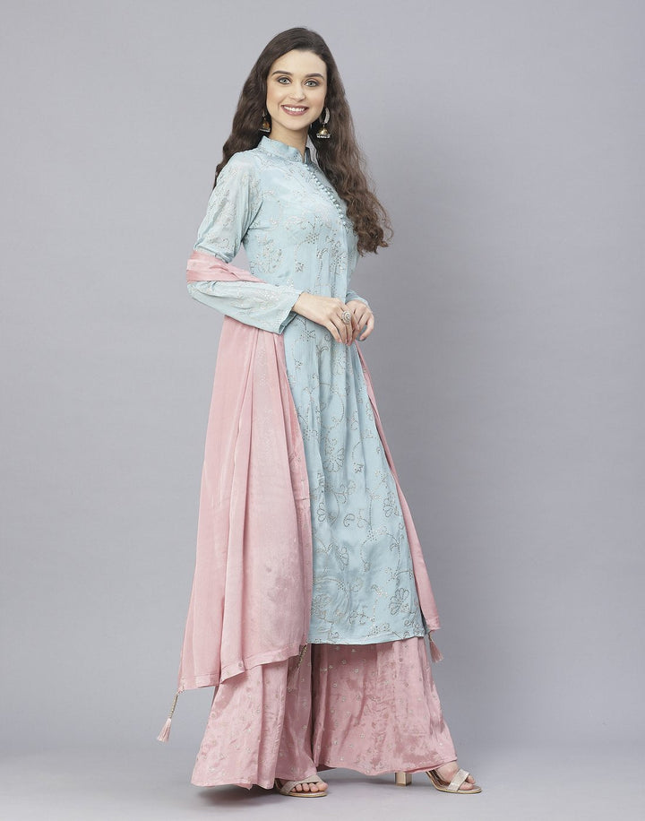 Aqua Blue and Pink Art Crepe Salwar Kameez